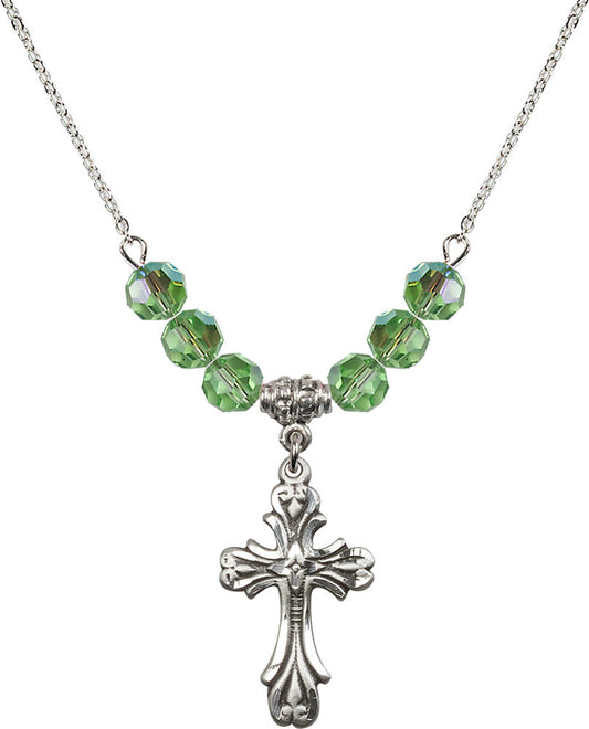 Sterling Silver Cross Birthstone Necklace with Peridot Beads - 5419