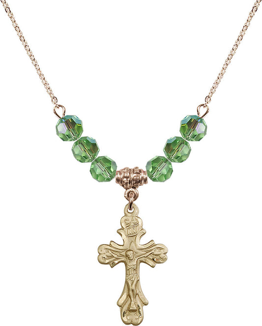 14kt Gold Filled Crucifix Birthstone Necklace with Peridot Beads - 5421