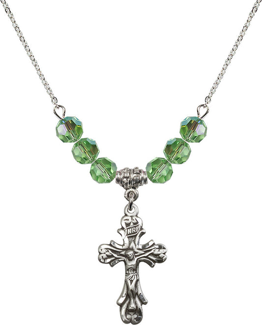 Sterling Silver Crucifix Birthstone Necklace with Peridot Beads - 5421