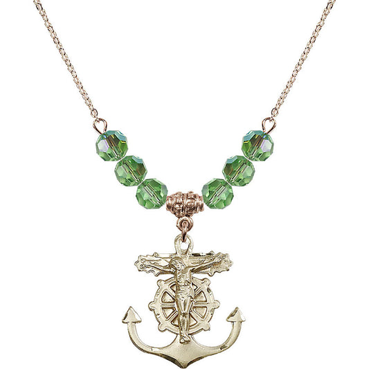 14kt Gold Filled Anchor Crucifix Birthstone Necklace with Peridot Beads - 5685