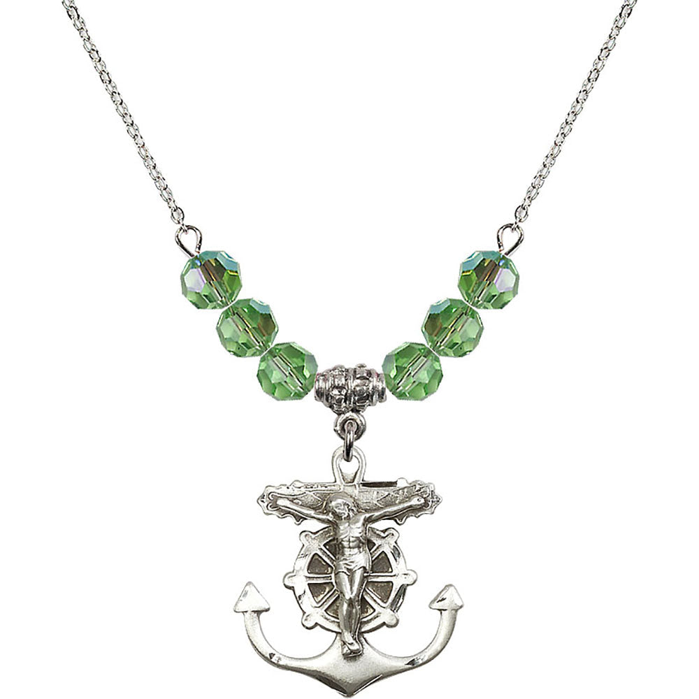 Sterling Silver Anchor Crucifix Birthstone Necklace with Peridot Beads - 5685