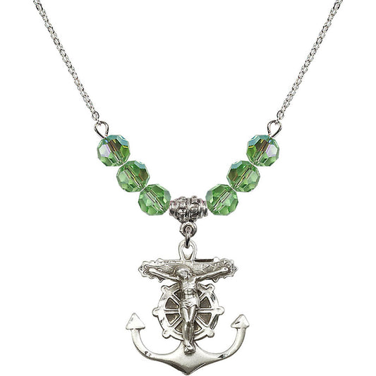 Sterling Silver Anchor Crucifix Birthstone Necklace with Peridot Beads - 5685