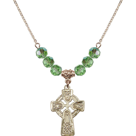 14kt Gold Filled Celtic Cross Birthstone Necklace with Peridot Beads - 5689