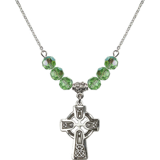 Sterling Silver Celtic Cross Birthstone Necklace with Peridot Beads - 5689