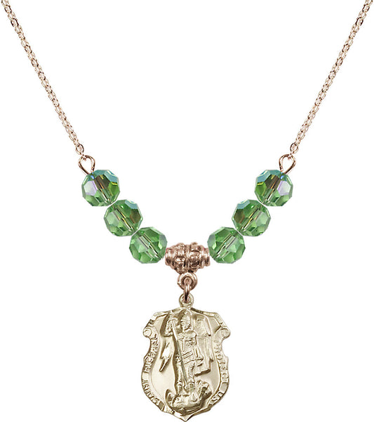 14kt Gold Filled Saint Michael the Archangel Birthstone Necklace with Peridot Beads - 5692
