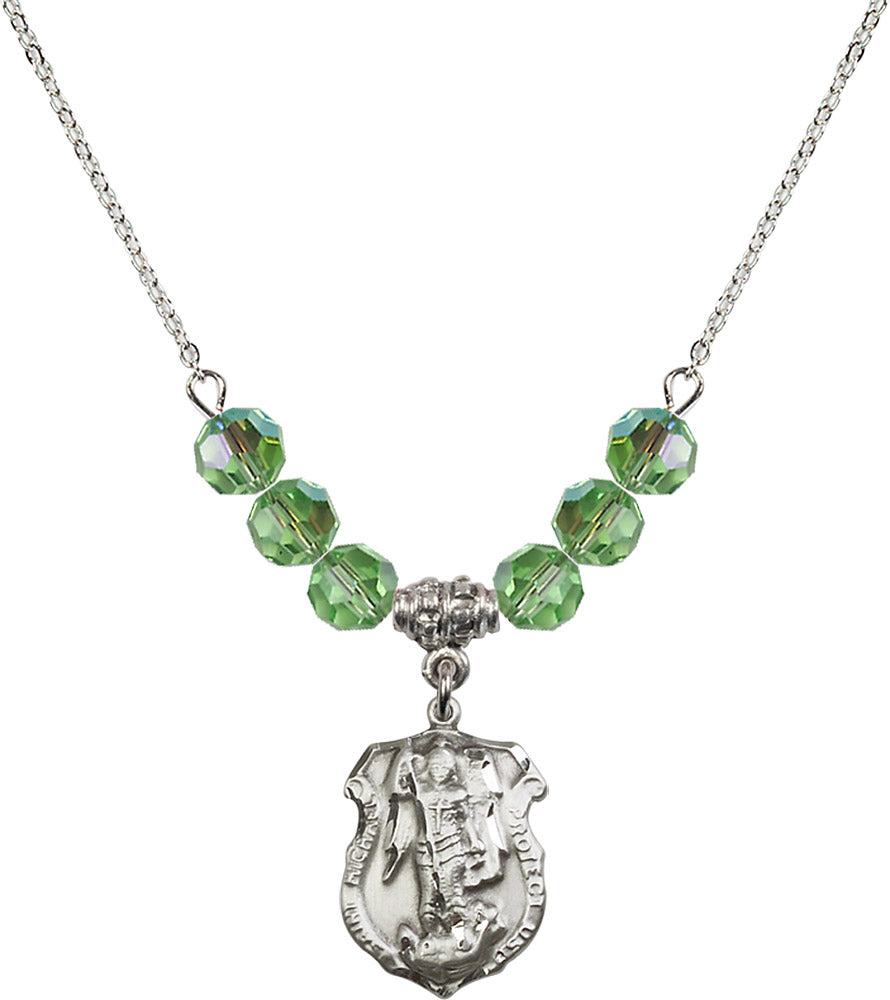 Sterling Silver Saint Michael the Archangel Birthstone Necklace with Peridot Beads - 5692