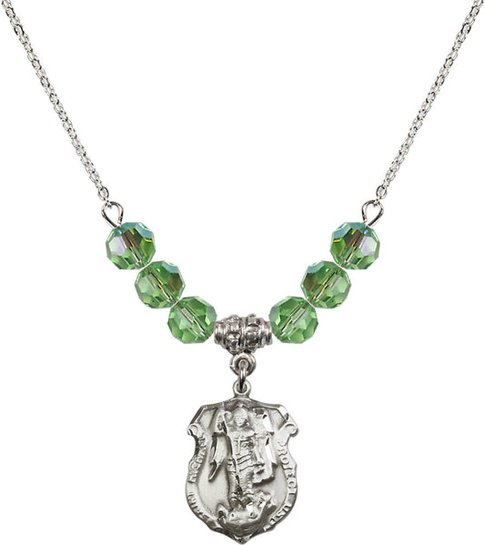 Sterling Silver Saint Michael the Archangel Birthstone Necklace with Peridot Beads - 5692