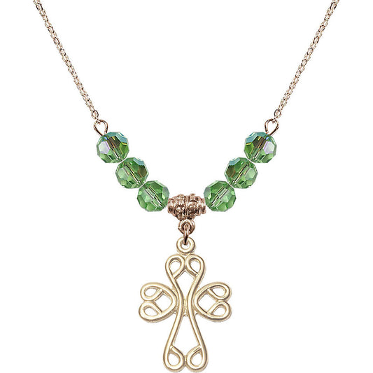 14kt Gold Filled Scroll Cross Birthstone Necklace with Peridot Beads - 5998