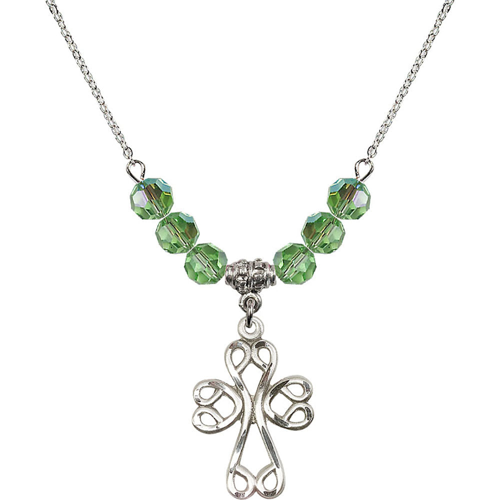 Sterling Silver Scroll Cross Birthstone Necklace with Peridot Beads - 5998