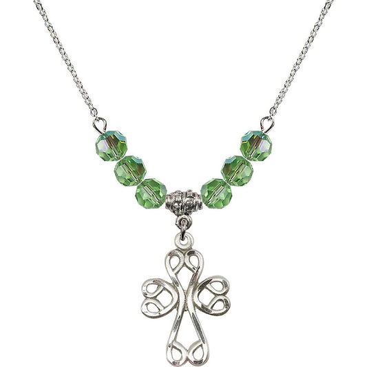 Sterling Silver Scroll Cross Birthstone Necklace with Peridot Beads - 5998