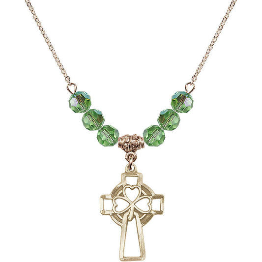 14kt Gold Filled Shamrock Cross Birthstone Necklace with Peridot Beads - 5999