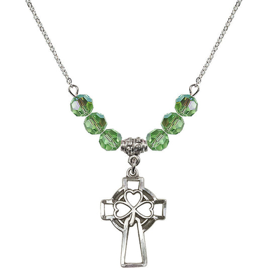 Sterling Silver Shamrock Cross Birthstone Necklace with Peridot Beads - 5999