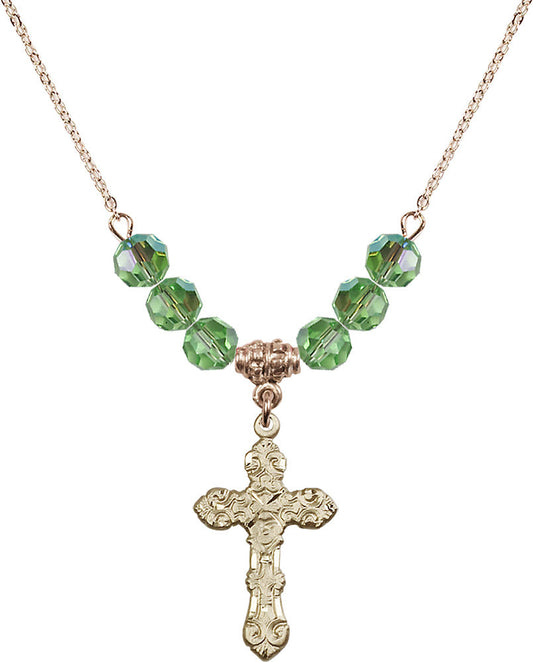14kt Gold Filled Cross Birthstone Necklace with Peridot Beads - 6001
