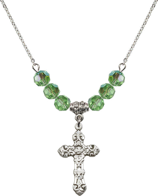 Sterling Silver Cross Birthstone Necklace with Peridot Beads - 6001