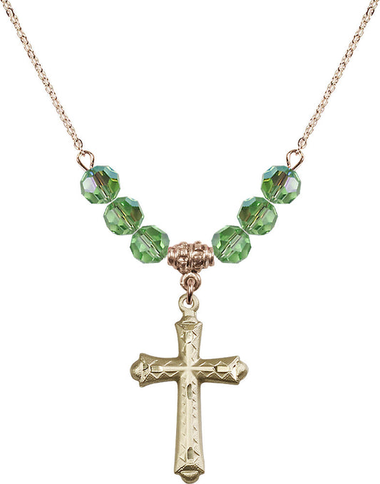 14kt Gold Filled Cross Birthstone Necklace with Peridot Beads - 6007