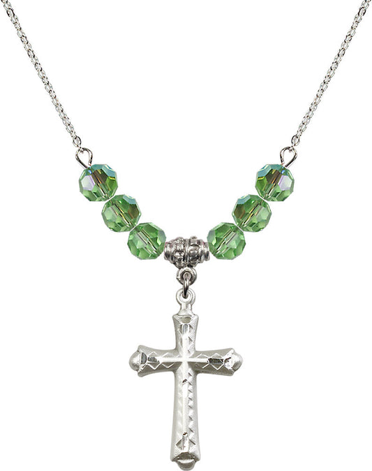 Sterling Silver Cross Birthstone Necklace with Peridot Beads - 6007