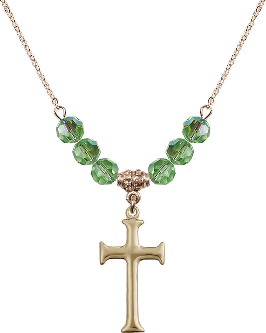 14kt Gold Filled Cross Birthstone Necklace with Peridot Beads - 6008