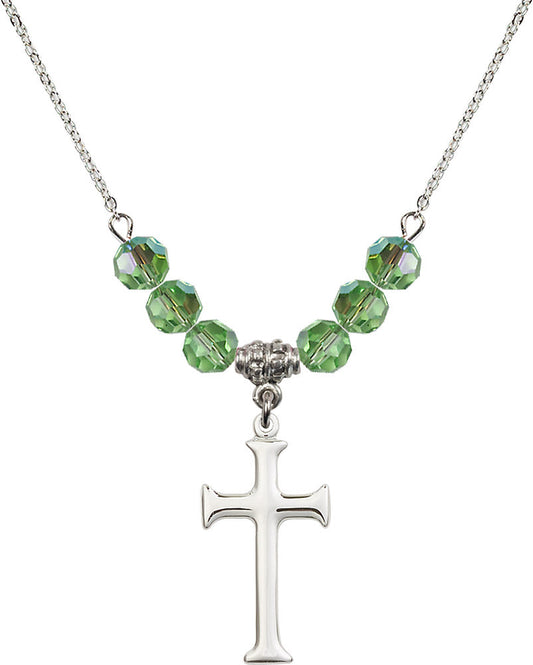 Sterling Silver Cross Birthstone Necklace with Peridot Beads - 6008