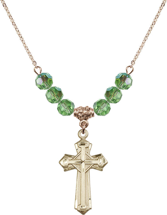 14kt Gold Filled Cross Birthstone Necklace with Peridot Beads - 6012