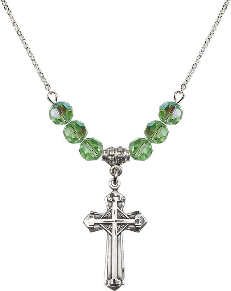 Sterling Silver Cross Birthstone Necklace with Peridot Beads - 6012