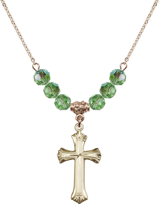 14kt Gold Filled Cross Birthstone Necklace with Peridot Beads - 6013