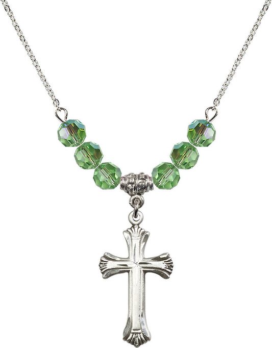 Sterling Silver Cross Birthstone Necklace with Peridot Beads - 6013