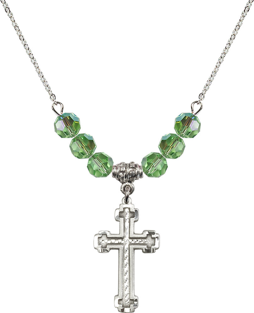 Sterling Silver Cross Birthstone Necklace with Peridot Beads - 6039