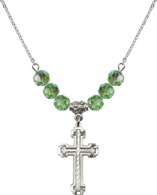 Sterling Silver Cross Birthstone Necklace with Peridot Beads - 6039