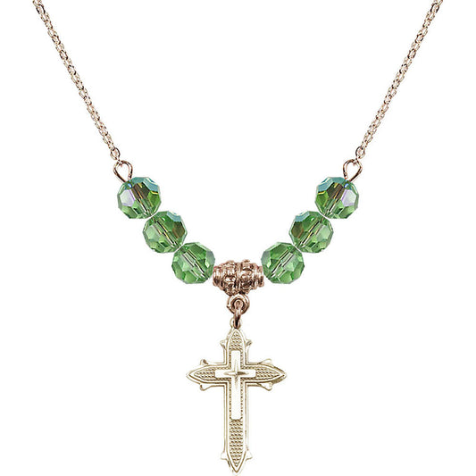 14kt Gold Filled Cross on Cross Birthstone Necklace with Peridot Beads - 6058