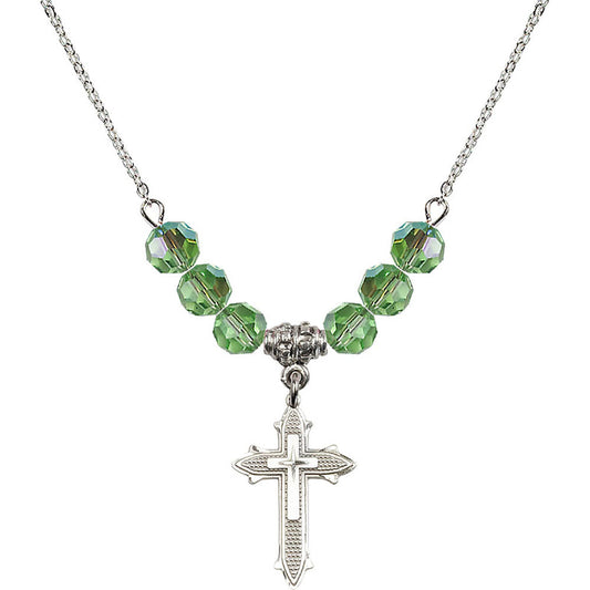 Sterling Silver Cross on Cross Birthstone Necklace with Peridot Beads - 6058