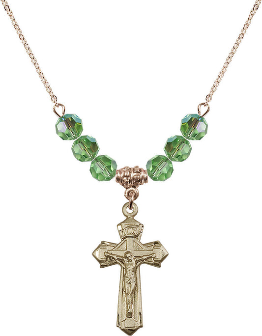 14kt Gold Filled Crucifix Birthstone Necklace with Peridot Beads - 6092