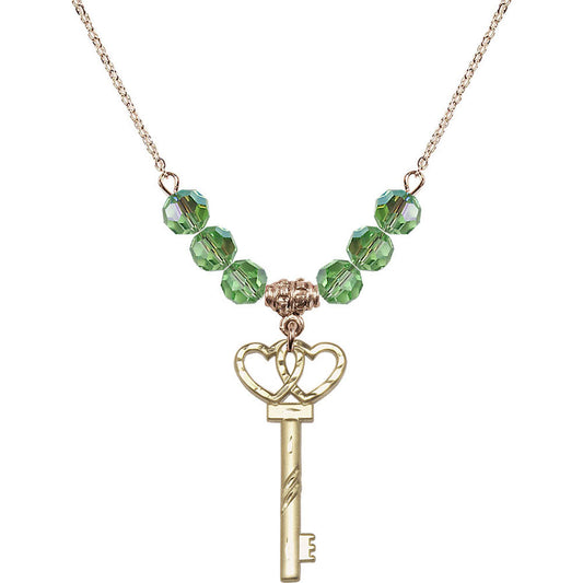 14kt Gold Filled Small Key w/Double Hearts Birthstone Necklace with Peridot Beads - 6213