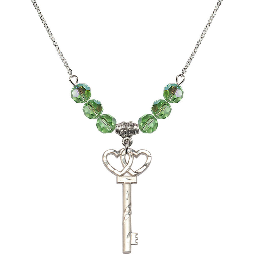 Sterling Silver Small Key w/Double Hearts Birthstone Necklace with Peridot Beads - 6213