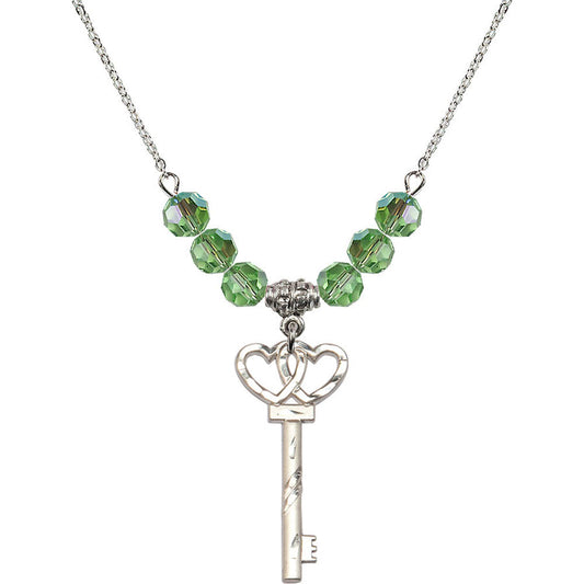 Sterling Silver Small Key w/Double Hearts Birthstone Necklace with Peridot Beads - 6213