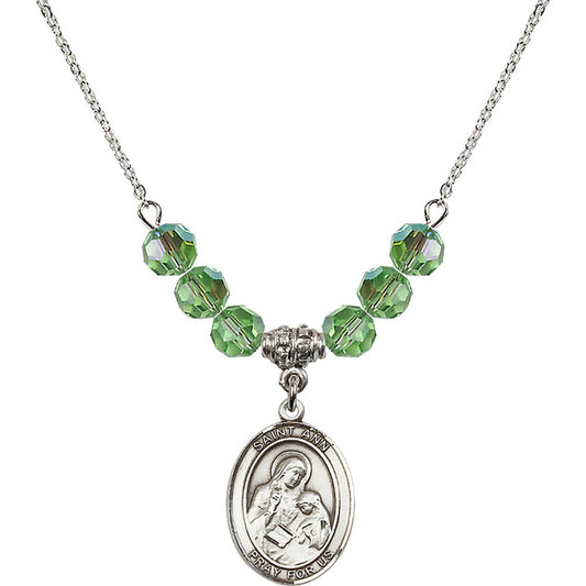 Sterling Silver Saint Ann Birthstone Necklace with Peridot Beads - 8002