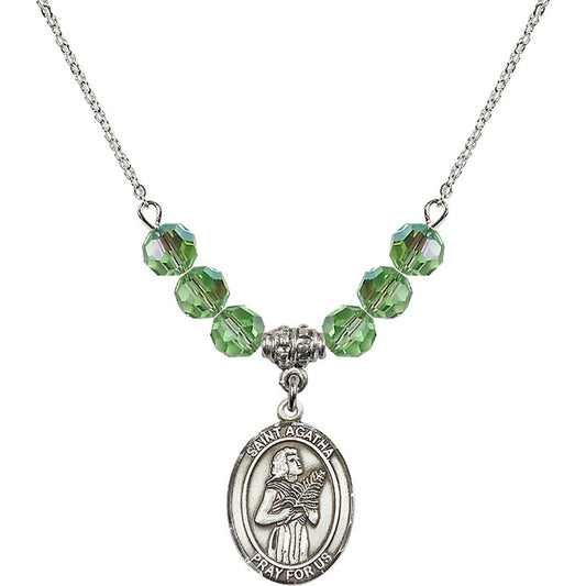 Sterling Silver Saint Agatha Birthstone Necklace with Peridot Beads - 8003