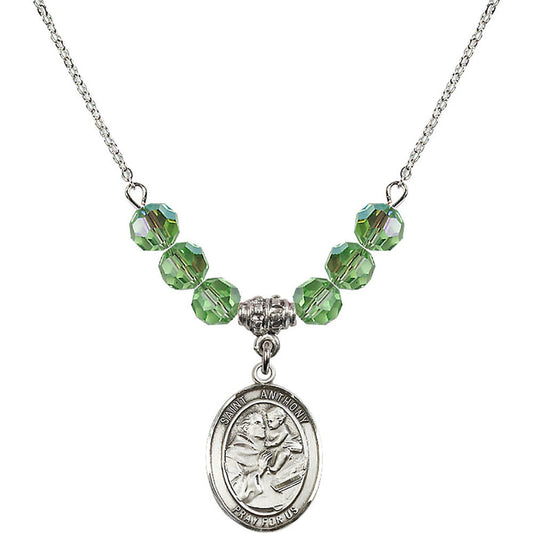 Sterling Silver Saint Anthony of Padua Birthstone Necklace with Peridot Beads - 8004