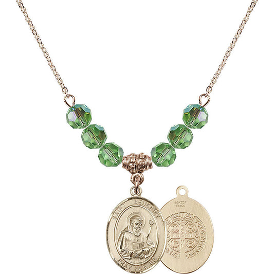 14kt Gold Filled Saint Benedict Birthstone Necklace with Peridot Beads - 8008