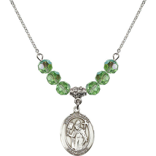 Sterling Silver Saint Boniface Birthstone Necklace with Peridot Beads - 8009