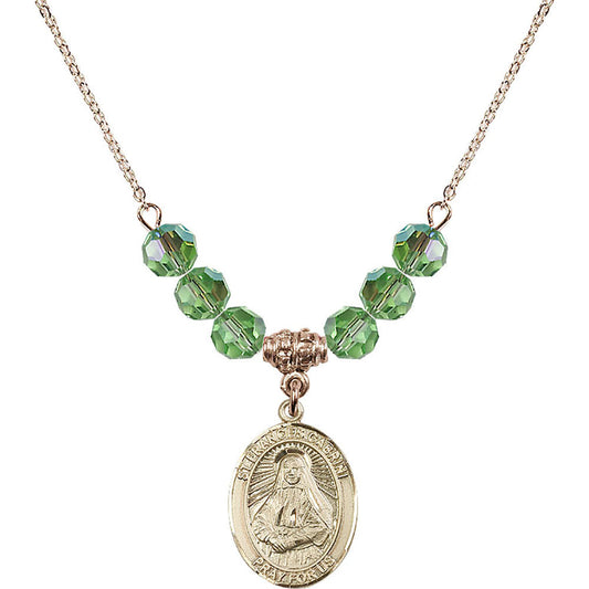 14kt Gold Filled Saint Frances Cabrini Birthstone Necklace with Peridot Beads - 8011