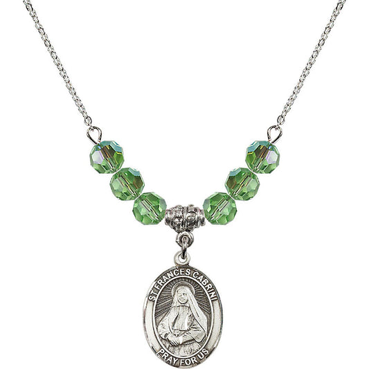 Sterling Silver Saint Frances Cabrini Birthstone Necklace with Peridot Beads - 8011