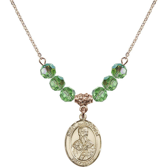 14kt Gold Filled Saint Alexander Sauli Birthstone Necklace with Peridot Beads - 8012
