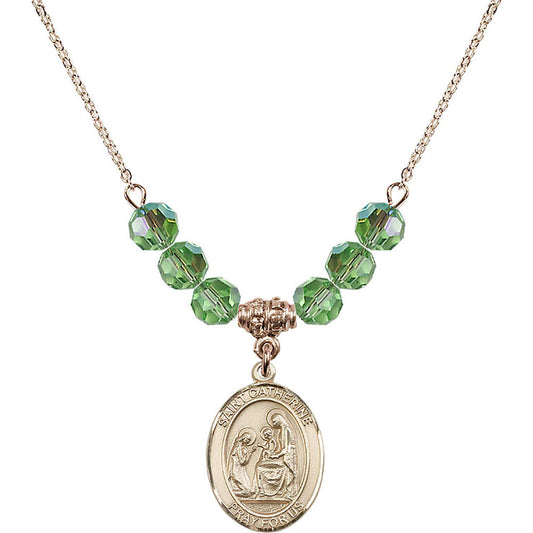 14kt Gold Filled Saint Catherine of Siena Birthstone Necklace with Peridot Beads - 8014