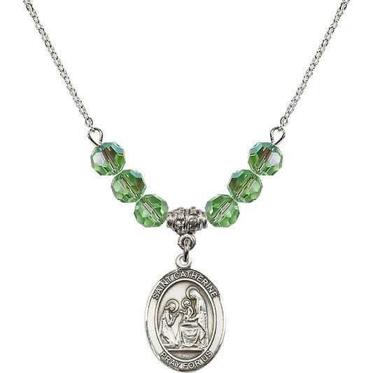 Sterling Silver Saint Catherine of Siena Birthstone Necklace with Peridot Beads - 8014