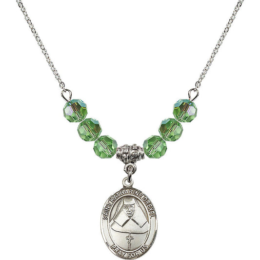 Sterling Silver Saint Katharine Drexel Birthstone Necklace with Peridot Beads - 8015