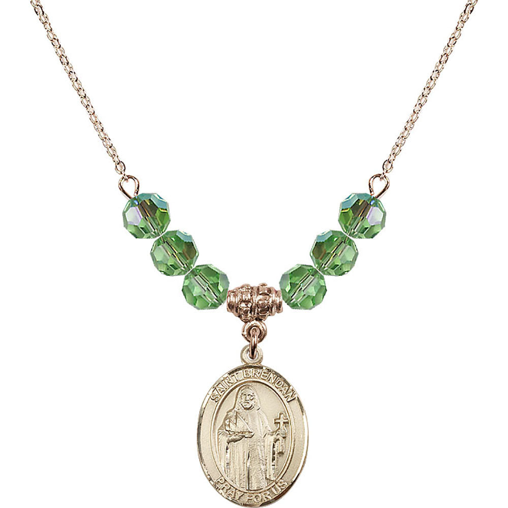 14kt Gold Filled Saint Brendan the Navigator Birthstone Necklace with Peridot Beads - 8018