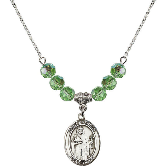 Sterling Silver Saint Brendan the Navigator Birthstone Necklace with Peridot Beads - 8018