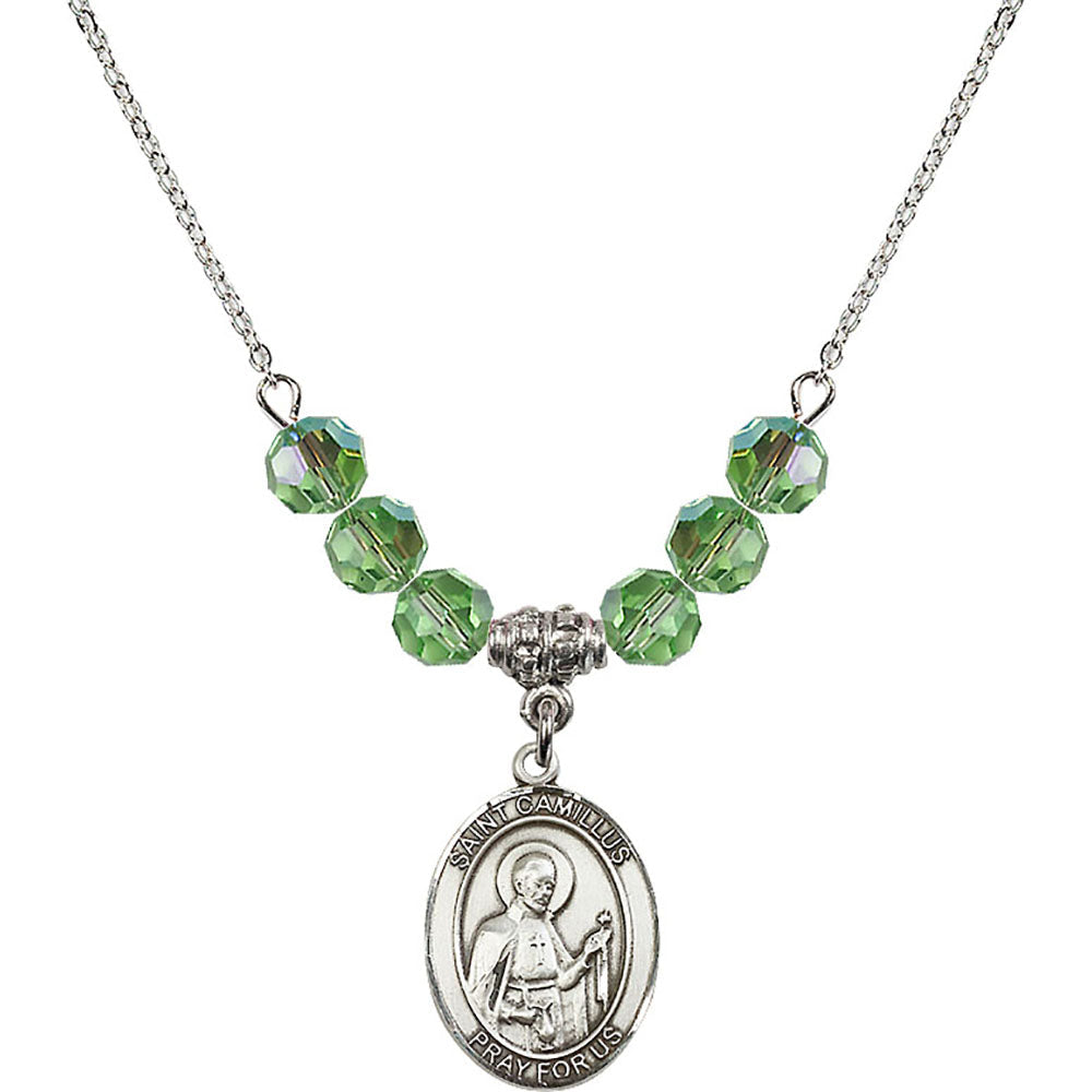 Sterling Silver Saint Camillus of Lellis Birthstone Necklace with Peridot Beads - 8019