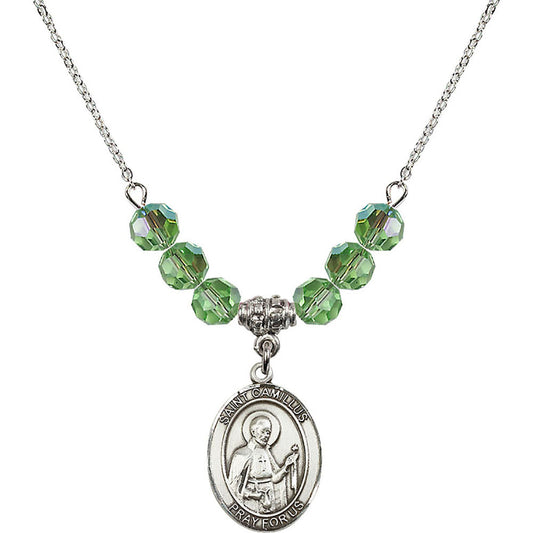 Sterling Silver Saint Camillus of Lellis Birthstone Necklace with Peridot Beads - 8019