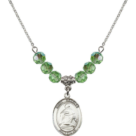 Sterling Silver Saint Charles Borromeo Birthstone Necklace with Peridot Beads - 8020